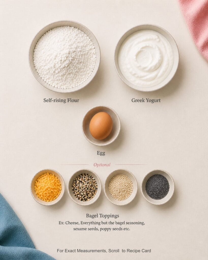 Ingredients for healthy bagels: self-rising flour, Greek yogurt, egg, and toppings.