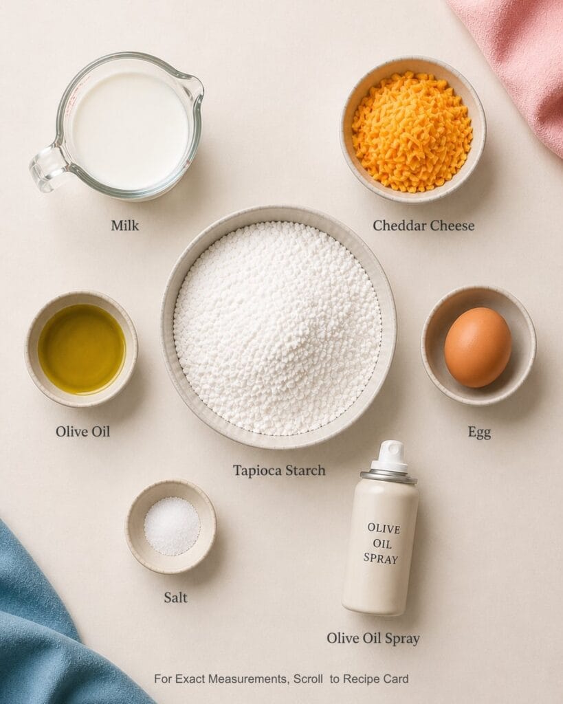 Brazilian cheese bread ingredients.