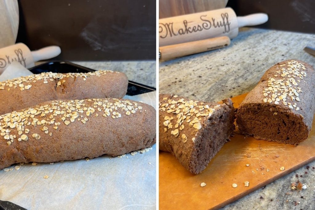Two loaves of copycat Cheesecake Factory brown bread with oat topping, freshly baked
