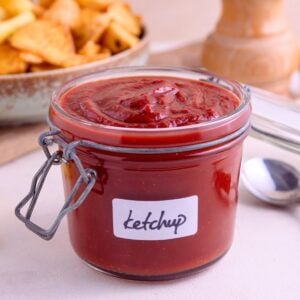 Jar of homemade ketchup with fries.