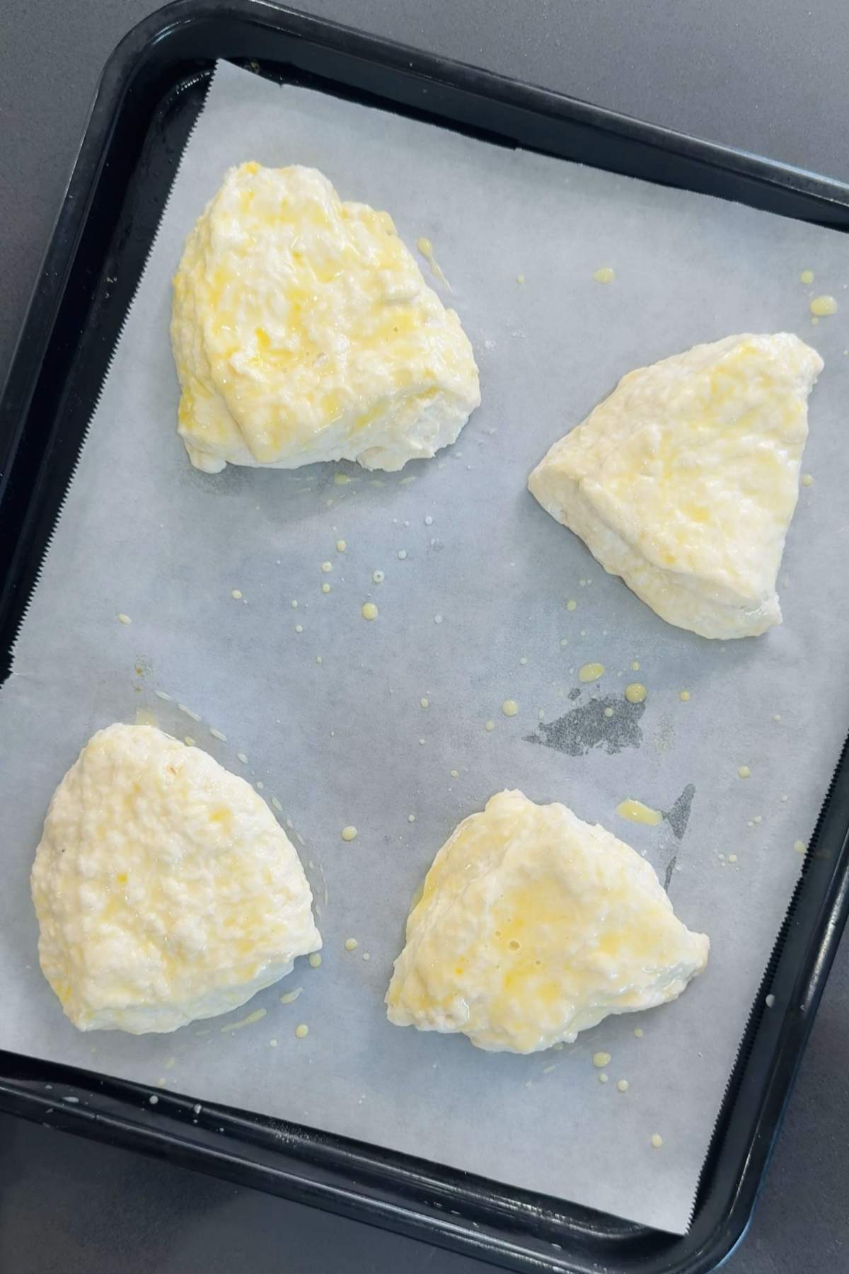 Kefir bread dough shaped on baking sheet.