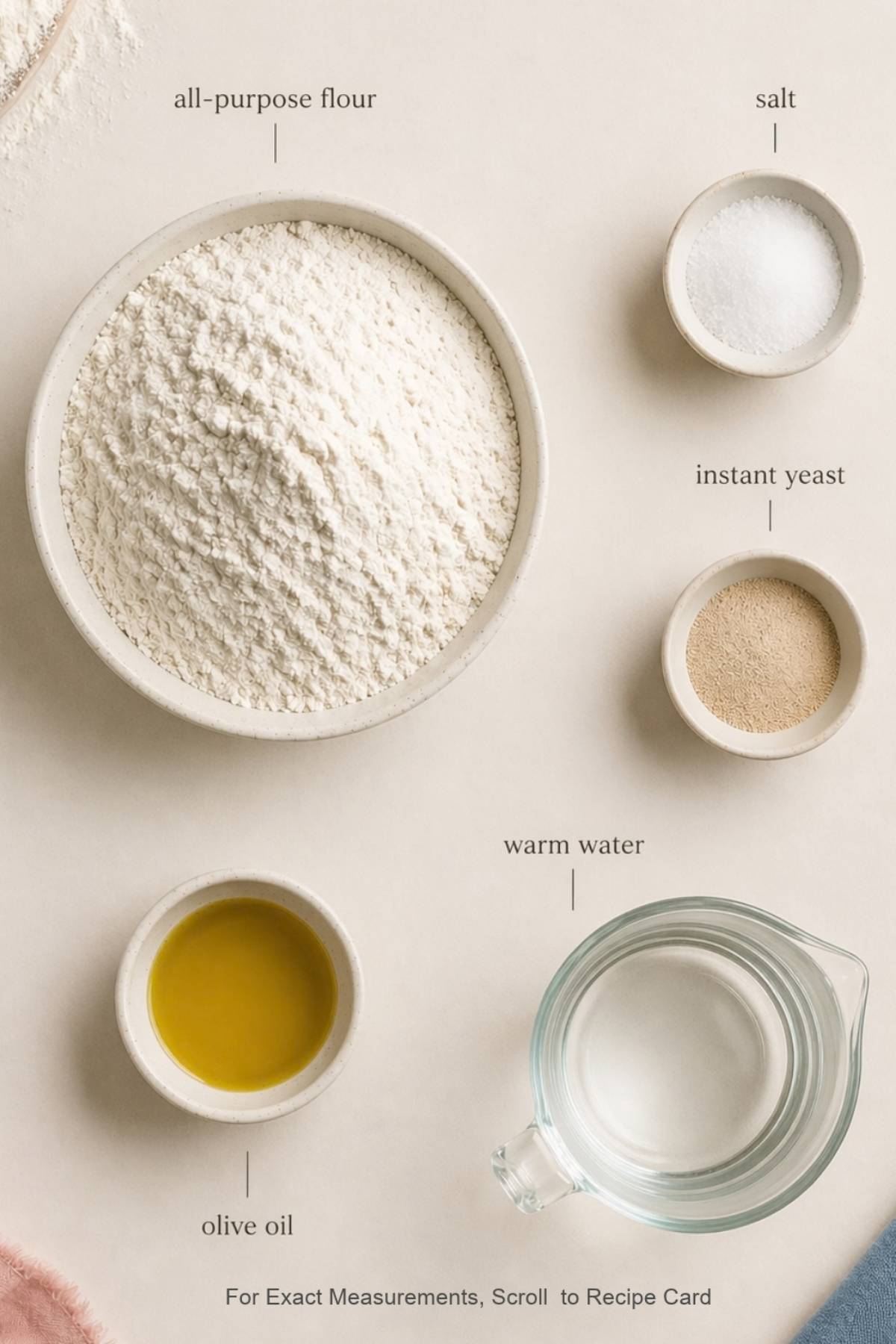 Pizza dough ingredients: flour, salt, yeast, water, oil.