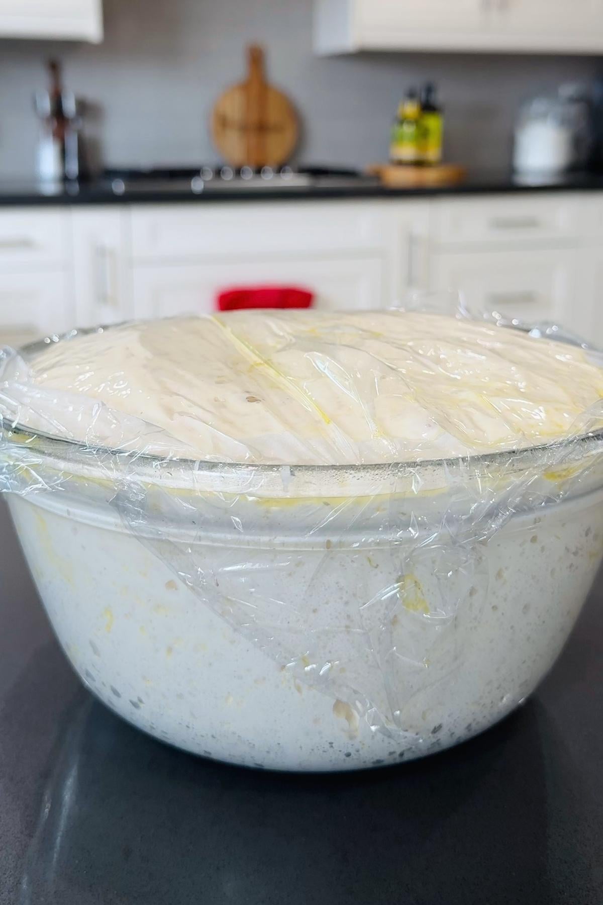 Neapolitan pizza dough rising in bowl.