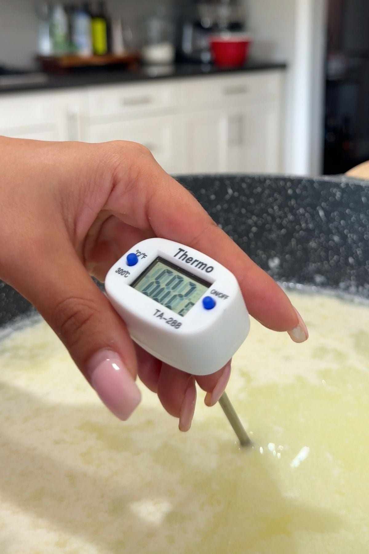 Hand holding thermometer in pot for mozzarella recipe