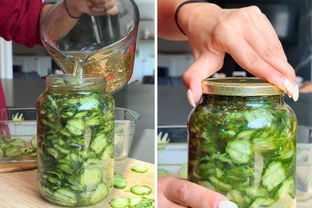 Making easy homemade pickles: pouring brine over sliced cucumbers in a jar.