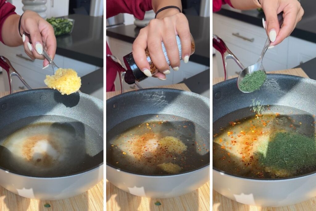 Making easy homemade pickles: adding garlic, chili flakes, and dill to water in a pot.