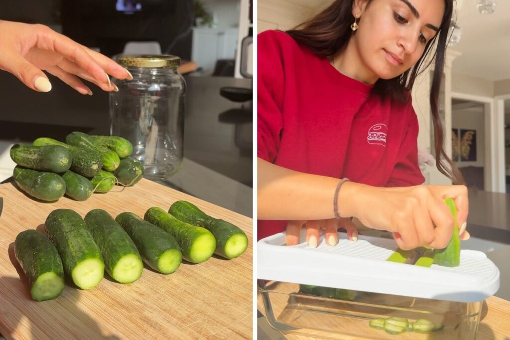 Preparing easy homemade pickles: Sliced cucumbers, jar, and woman using a mandoline.