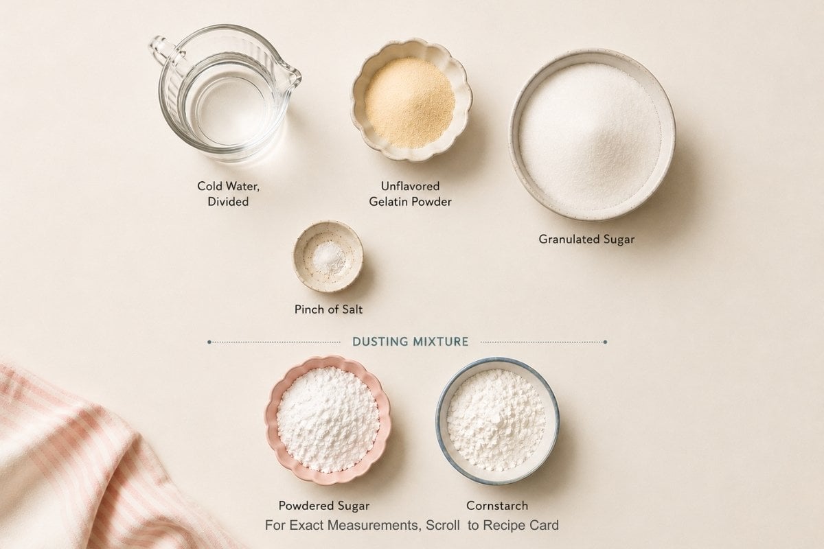 Marshmallow recipe ingredients: gelatin, sugar, salt, water, powdered sugar, cornstarch.