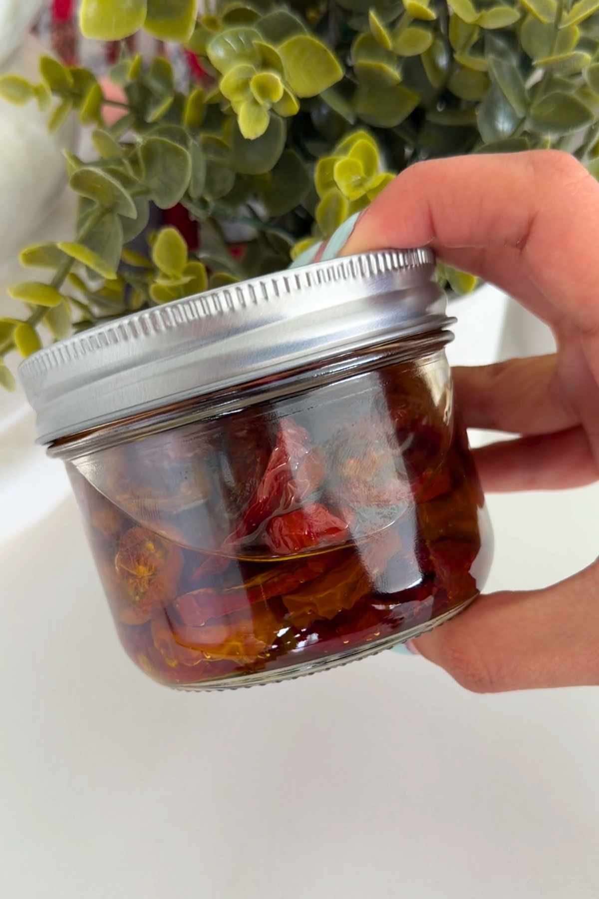 Hand holding jar of sundried tomatoes.
