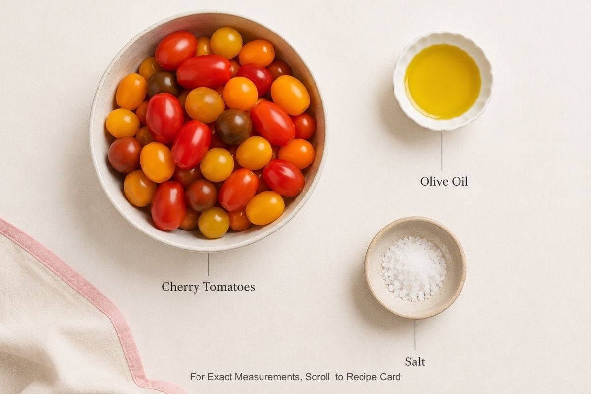 Cherry tomatoes, olive oil, and salt for homemade sundried tomatoes.